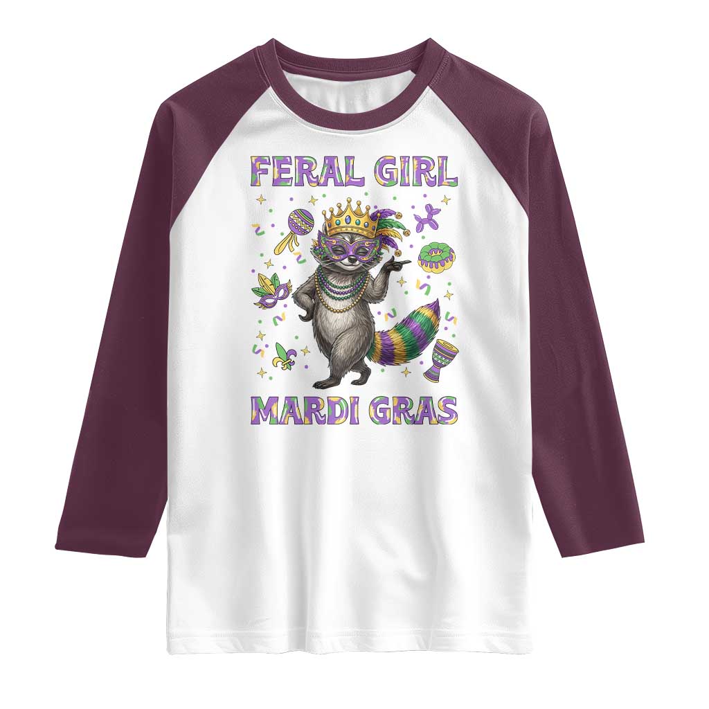 Mardi Gras Raccoon Raglan Shirt Feral Girl Mardi Gras TS14 White Maroon Print Your Wear