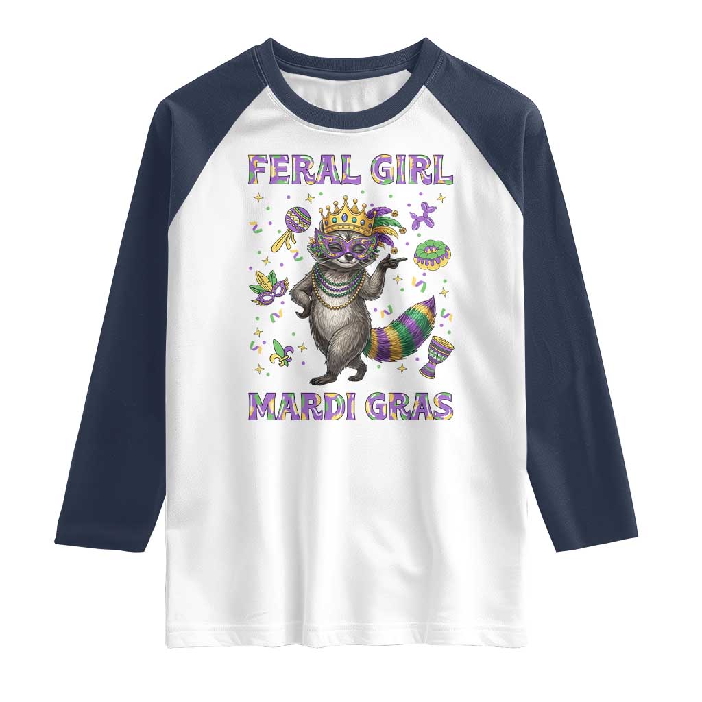 Mardi Gras Raccoon Raglan Shirt Feral Girl Mardi Gras TS14 White Navy Print Your Wear