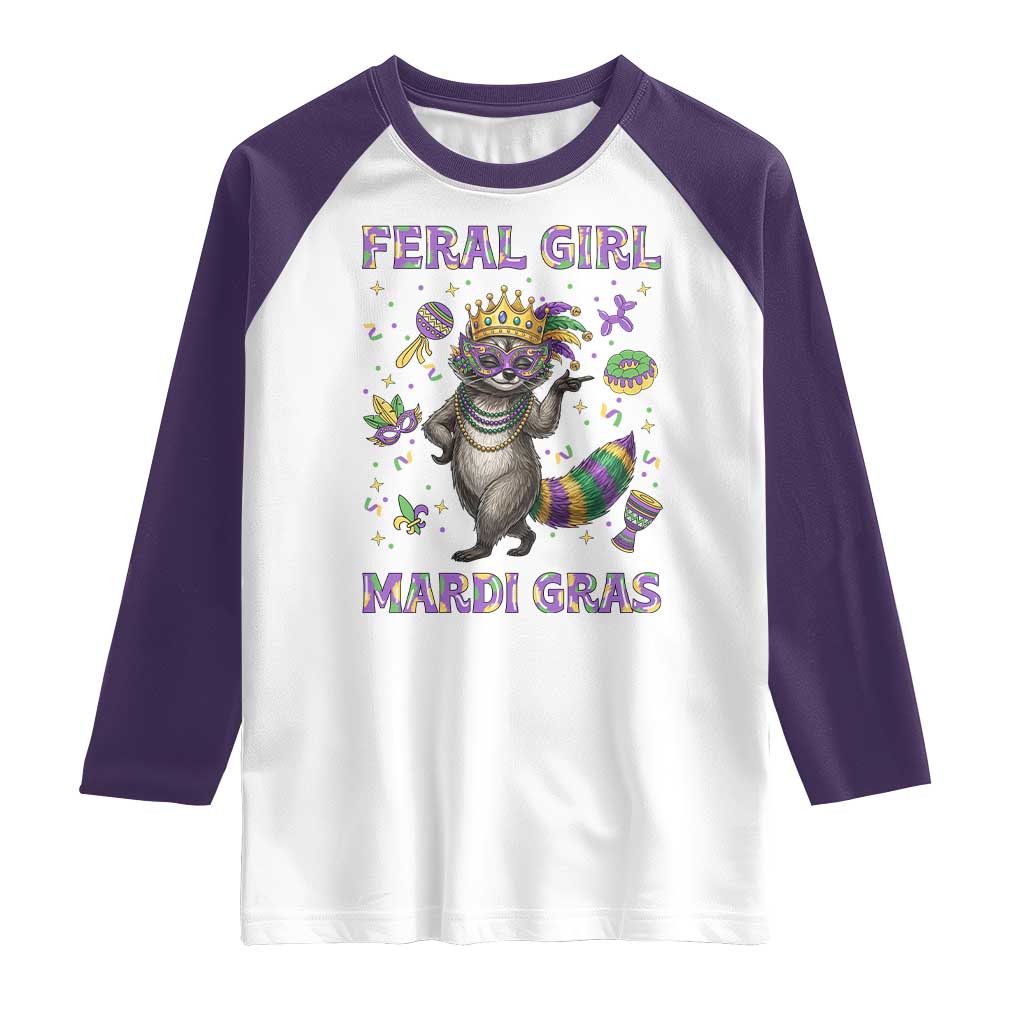 Mardi Gras Raccoon Raglan Shirt Feral Girl Mardi Gras TS14 White Purple Print Your Wear