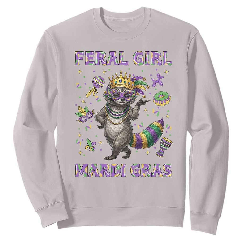 Mardi Gras Raccoon Sweatshirt Feral Girl Mardi Gras TS14 Ice Gray Print Your Wear