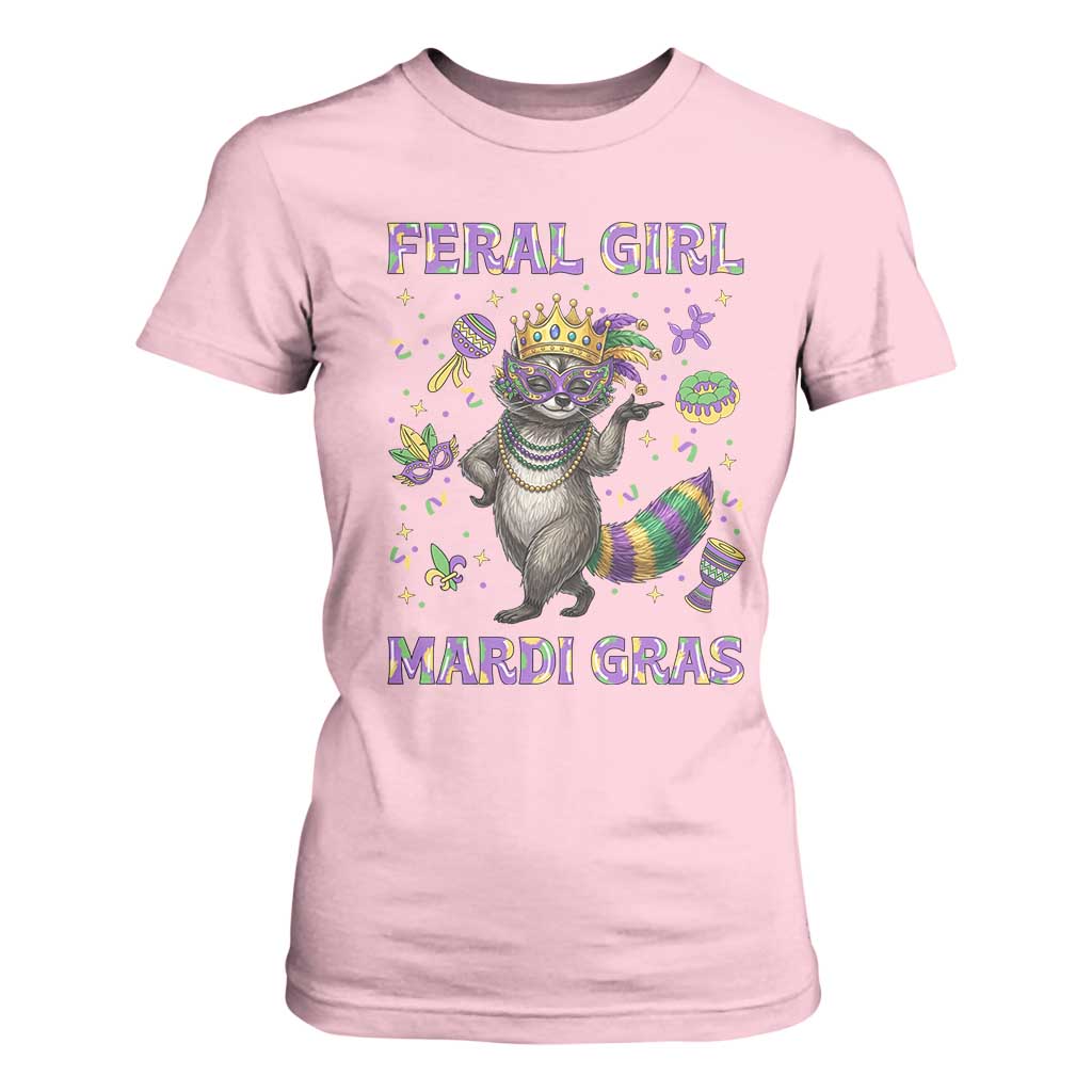 Mardi Gras Raccoon T Shirt For Women Feral Girl Mardi Gras TS14 Light Pink Print Your Wear
