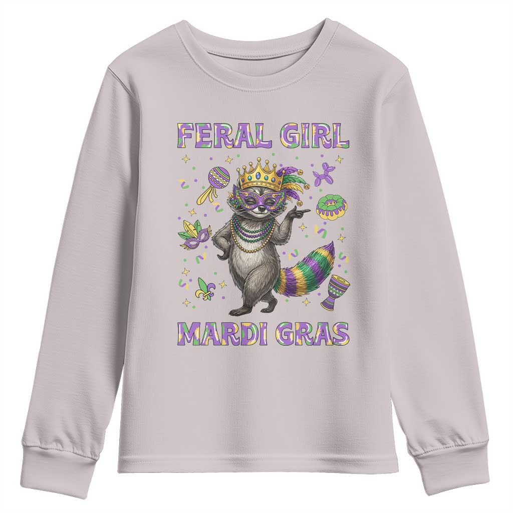 Mardi Gras Raccoon Youth Sweatshirt Feral Girl Mardi Gras TS14 Ice Gray Print Your Wear