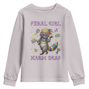 Mardi Gras Raccoon Youth Sweatshirt Feral Girl Mardi Gras TS14 Ice Gray Print Your Wear