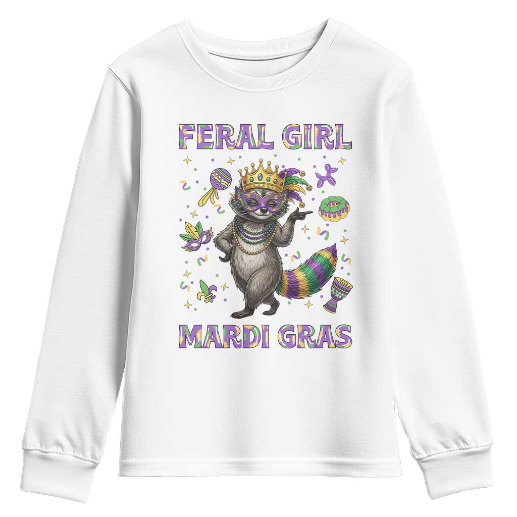Mardi Gras Raccoon Youth Sweatshirt Feral Girl Mardi Gras TS14 White Print Your Wear