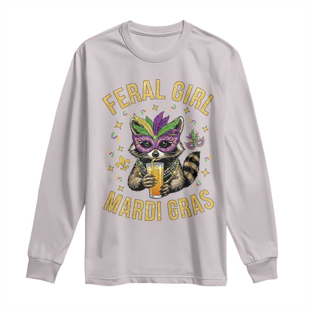 Mardi Gras Raccoon Long Sleeve Shirt Feral Girl Mardi Gras Trash Panda TS14 Ice Gray Print Your Wear
