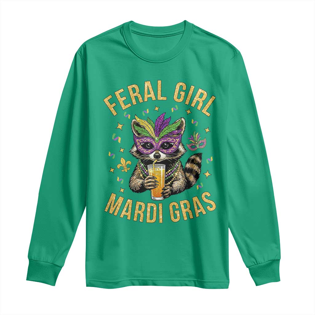 Mardi Gras Raccoon Long Sleeve Shirt Feral Girl Mardi Gras Trash Panda TS14 Irish Green Print Your Wear