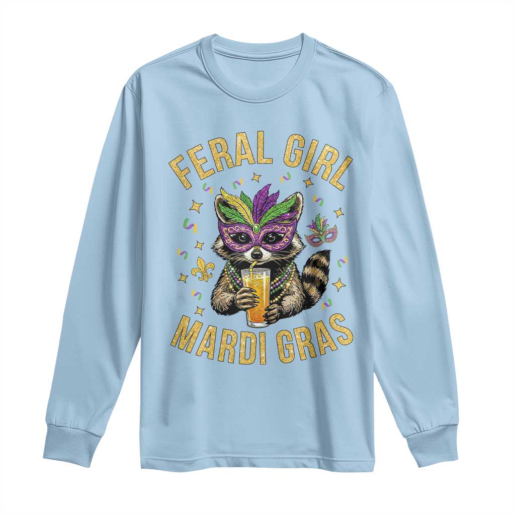 Mardi Gras Raccoon Long Sleeve Shirt Feral Girl Mardi Gras Trash Panda TS14 Light Blue Print Your Wear