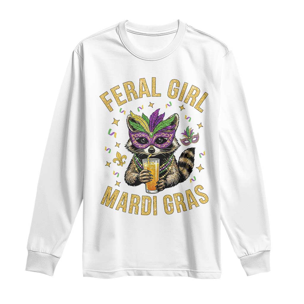 Mardi Gras Raccoon Long Sleeve Shirt Feral Girl Mardi Gras Trash Panda TS14 White Print Your Wear