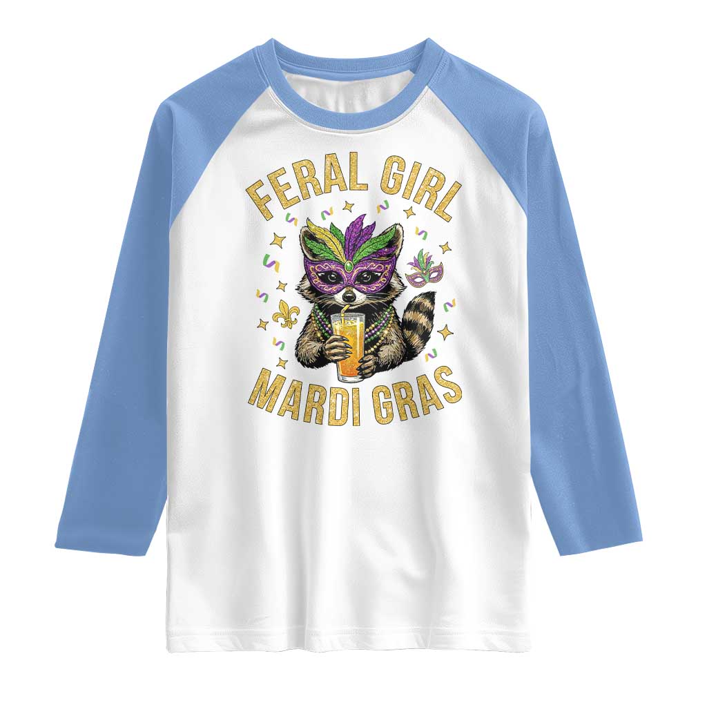 Mardi Gras Raccoon Raglan Shirt Feral Girl Mardi Gras Trash Panda TS14 White Carolina Blue Print Your Wear