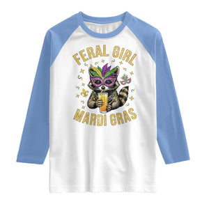 Mardi Gras Raccoon Raglan Shirt Feral Girl Mardi Gras Trash Panda TS14 White Carolina Blue Print Your Wear