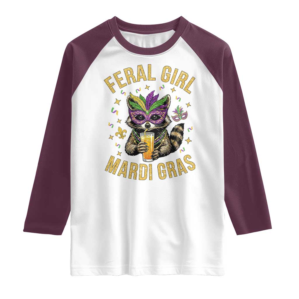 Mardi Gras Raccoon Raglan Shirt Feral Girl Mardi Gras Trash Panda TS14 White Maroon Print Your Wear