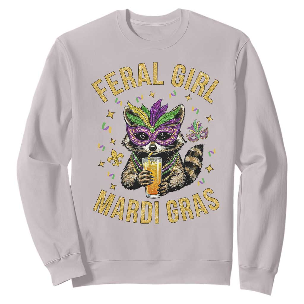 Mardi Gras Raccoon Sweatshirt Feral Girl Mardi Gras Trash Panda TS14 Ice Gray Print Your Wear