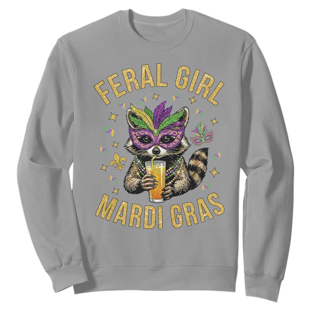 Mardi Gras Raccoon Sweatshirt Feral Girl Mardi Gras Trash Panda TS14 Sport Gray Print Your Wear