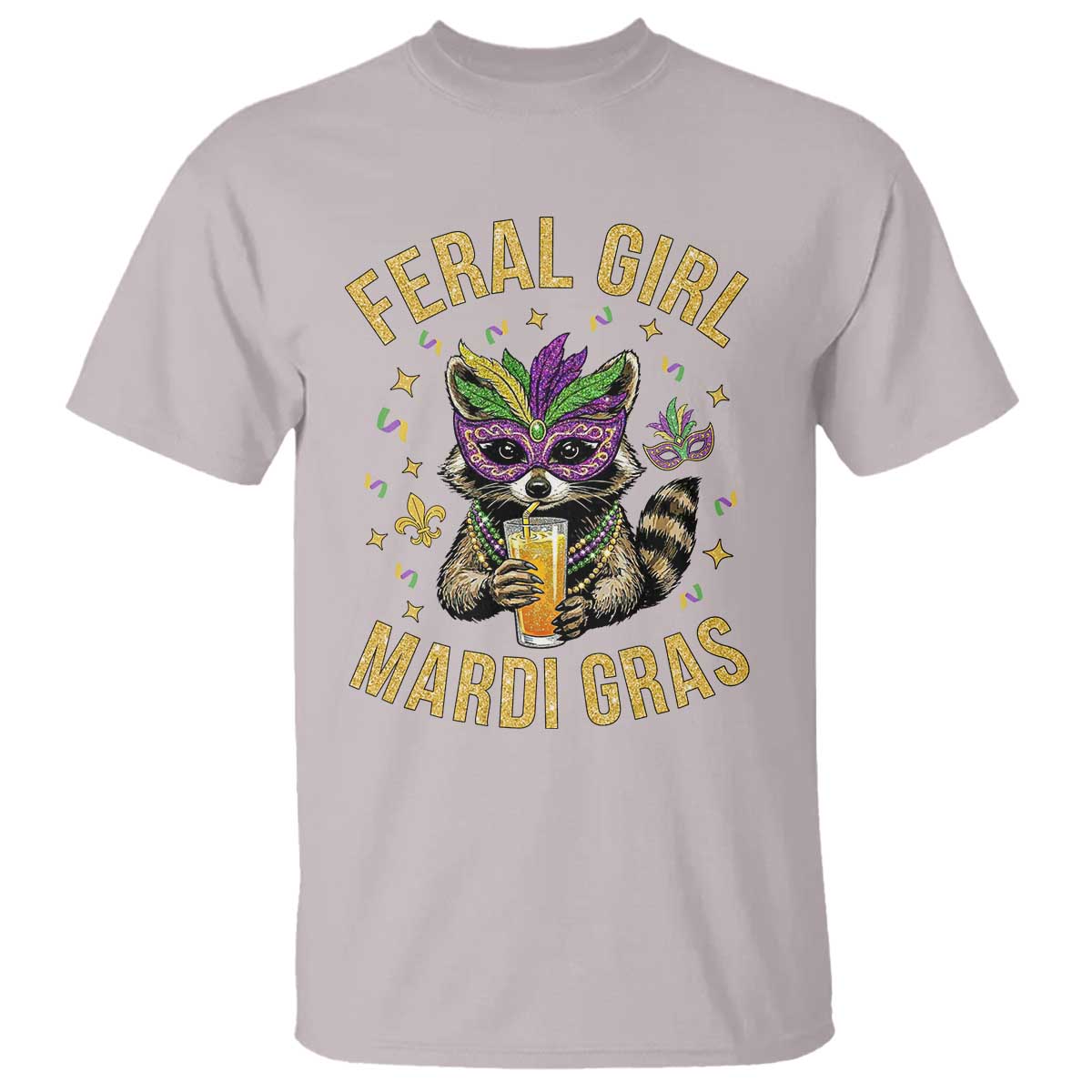 Mardi Gras Raccoon T Shirt Feral Girl Mardi Gras Trash Panda TS14 Ice Gray Print Your Wear