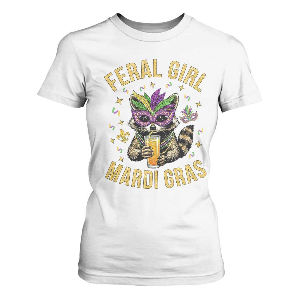 Mardi Gras Raccoon T Shirt For Women Feral Girl Mardi Gras Trash Panda TS14 White Print Your Wear