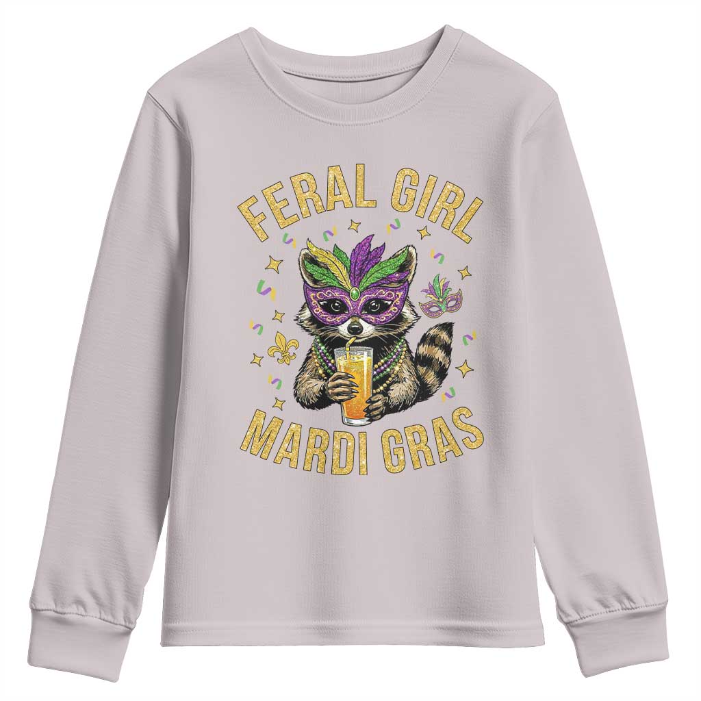 Mardi Gras Raccoon Youth Sweatshirt Feral Girl Mardi Gras Trash Panda TS14 Ice Gray Print Your Wear