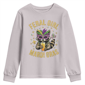 Mardi Gras Raccoon Youth Sweatshirt Feral Girl Mardi Gras Trash Panda TS14 Ice Gray Print Your Wear