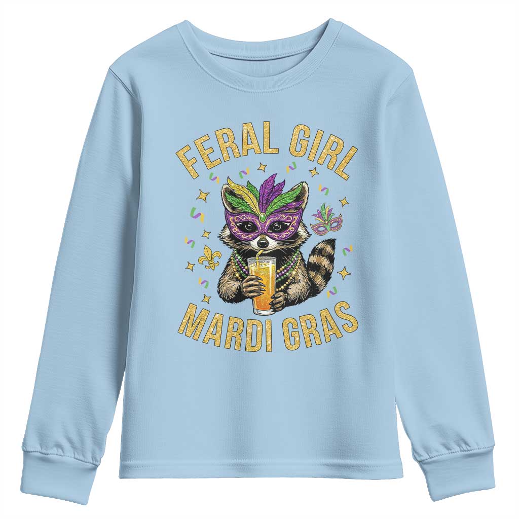 Mardi Gras Raccoon Youth Sweatshirt Feral Girl Mardi Gras Trash Panda TS14 Light Blue Print Your Wear
