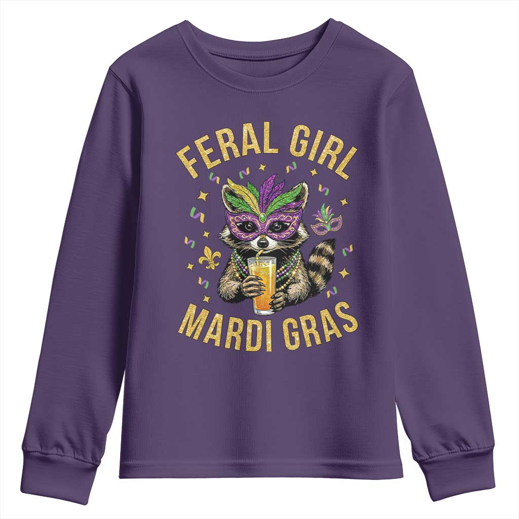 Mardi Gras Raccoon Youth Sweatshirt Feral Girl Mardi Gras Trash Panda TS14 Purple Print Your Wear