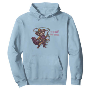 Mardi Gras Raccoon Hoodie Yee Haw Cowboy Mardi Gras Carnival Trendy Meme TS14 Light Blue Print Your Wear