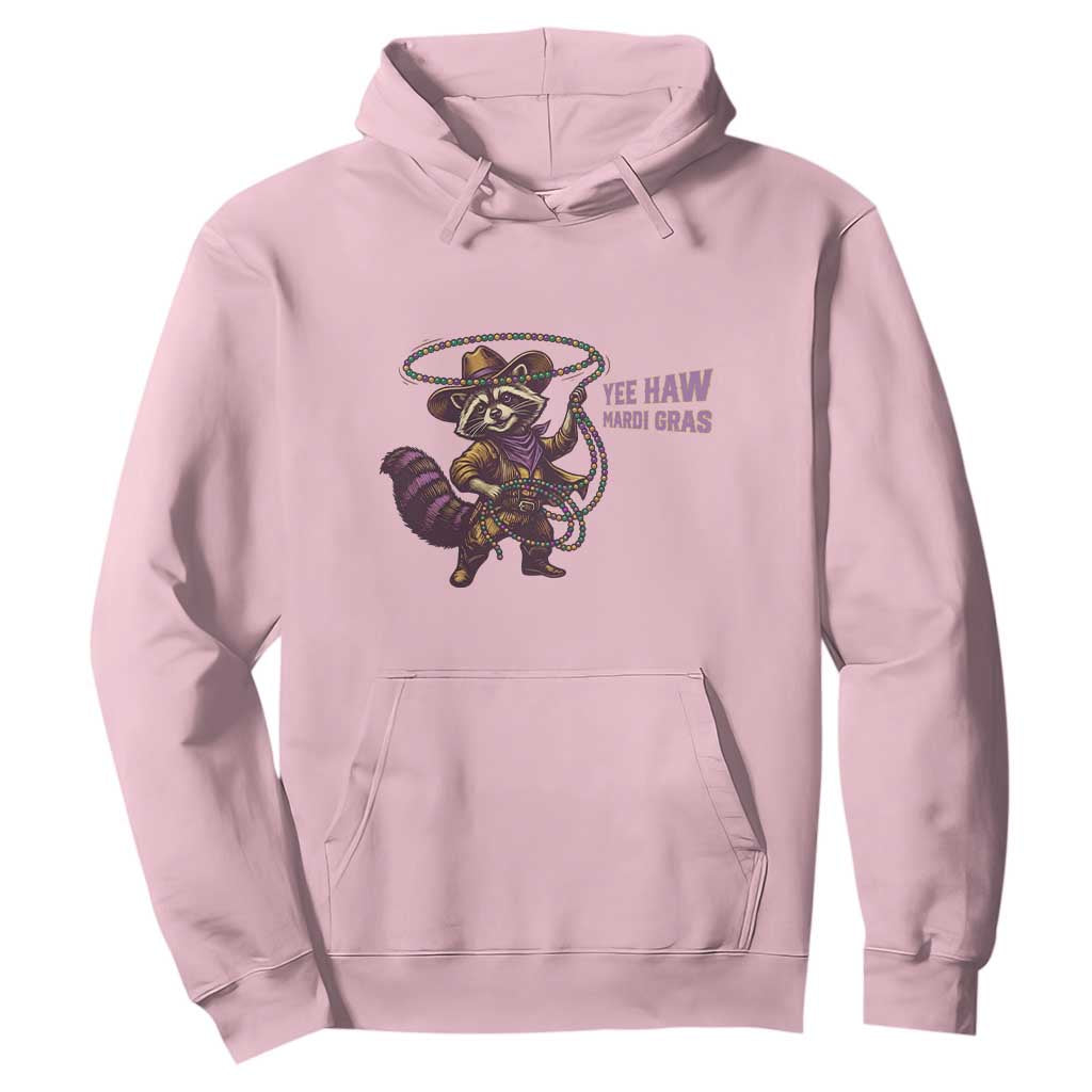 Mardi Gras Raccoon Hoodie Yee Haw Cowboy Mardi Gras Carnival Trendy Meme TS14 Light Pink Print Your Wear