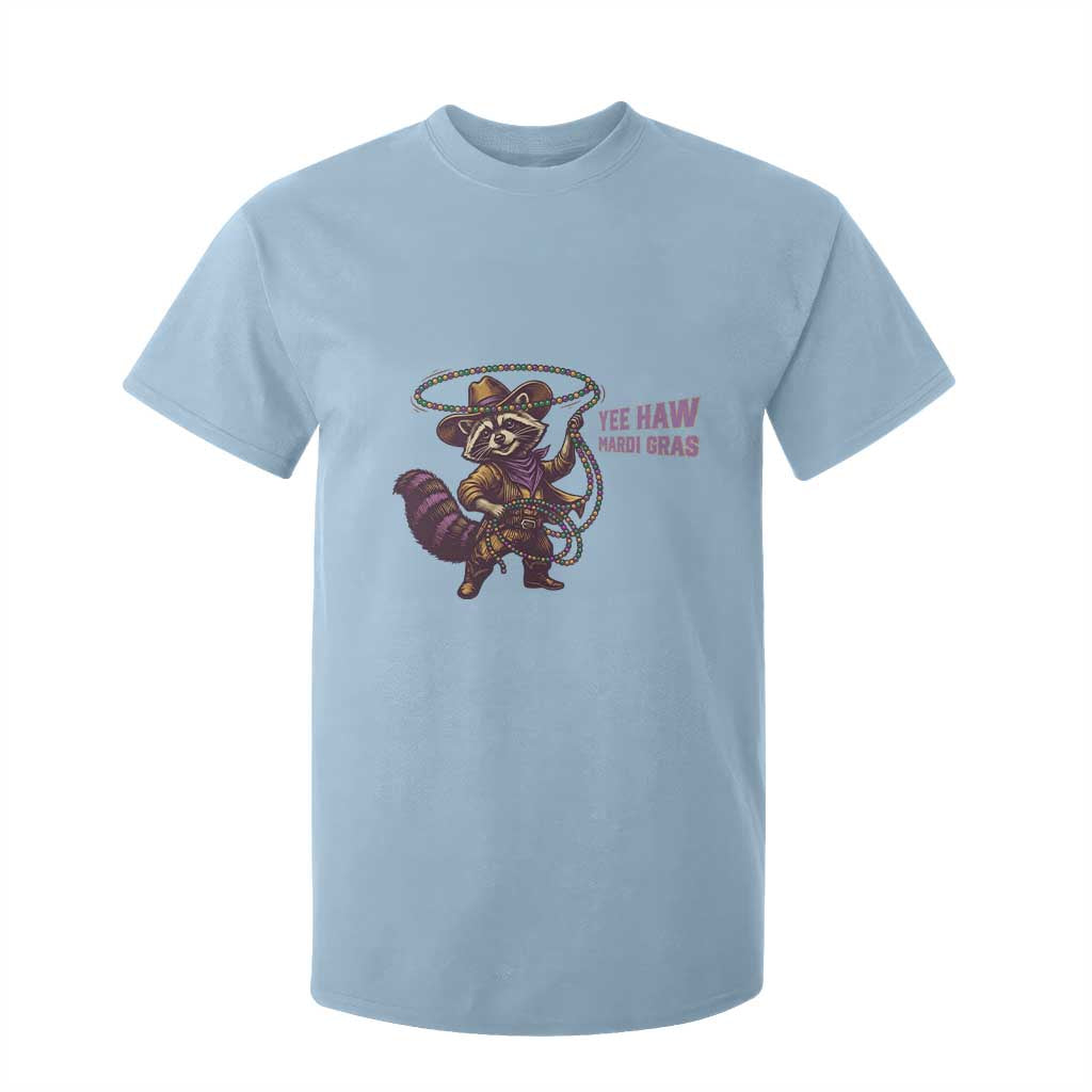 Mardi Gras Raccoon T Shirt For Kid Yee Haw Cowboy Mardi Gras Carnival Trendy Meme TS14 Light Blue Print Your Wear