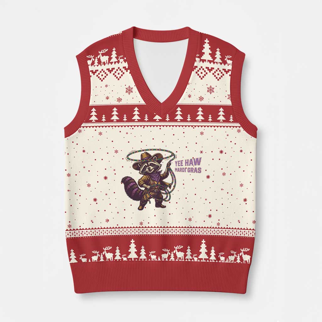 Mardi Gras Raccoon V-Neck Knit Sweater Vest Yee Haw Cowboy Mardi Gras Carnival Trendy Meme TS14 Beige Red Print Your Wear