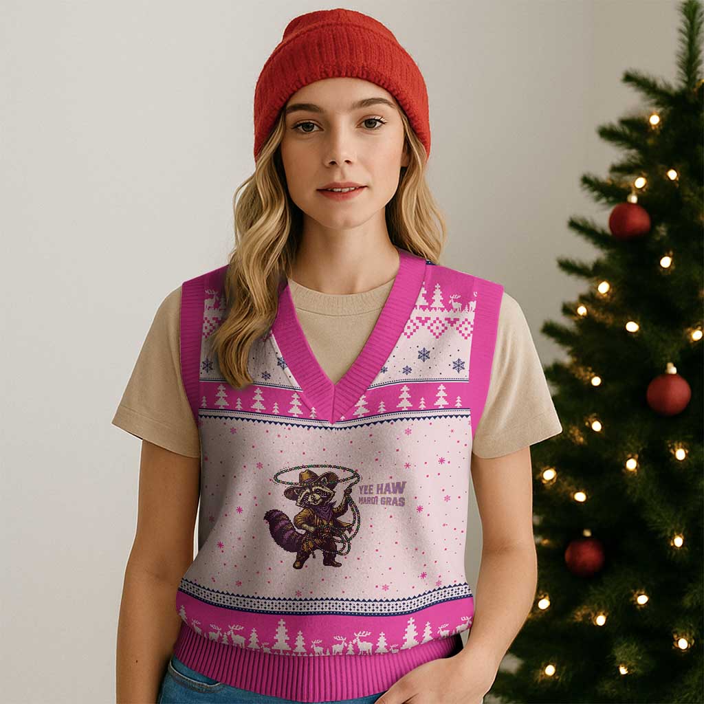 Mardi Gras Raccoon V-Neck Knit Sweater Vest Yee Haw Cowboy Mardi Gras Carnival Trendy Meme TS14 Hot Pink Print Your Wear
