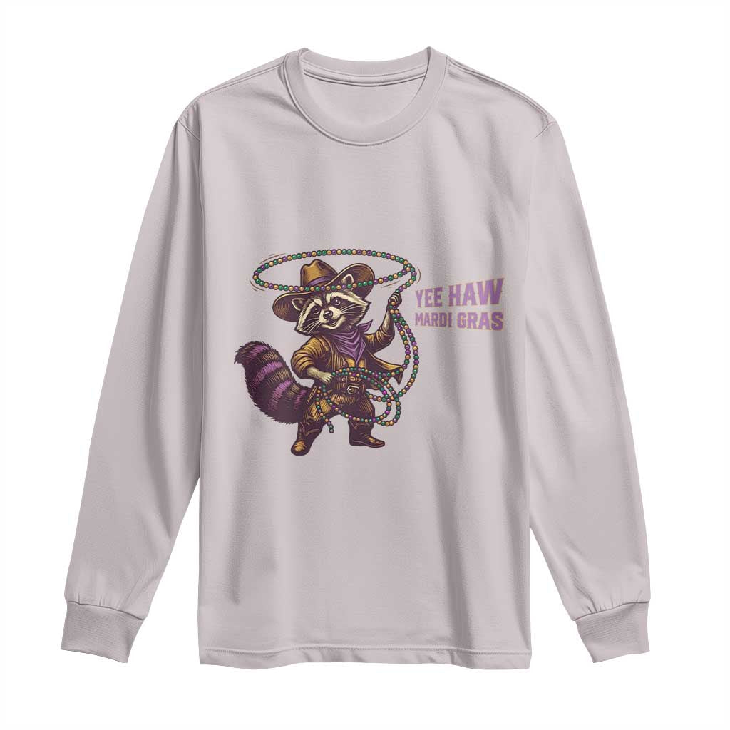 Mardi Gras Raccoon Long Sleeve Shirt Yee Haw Cowboy Mardi Gras Carnival Trendy Meme TS14 Ice Gray Print Your Wear
