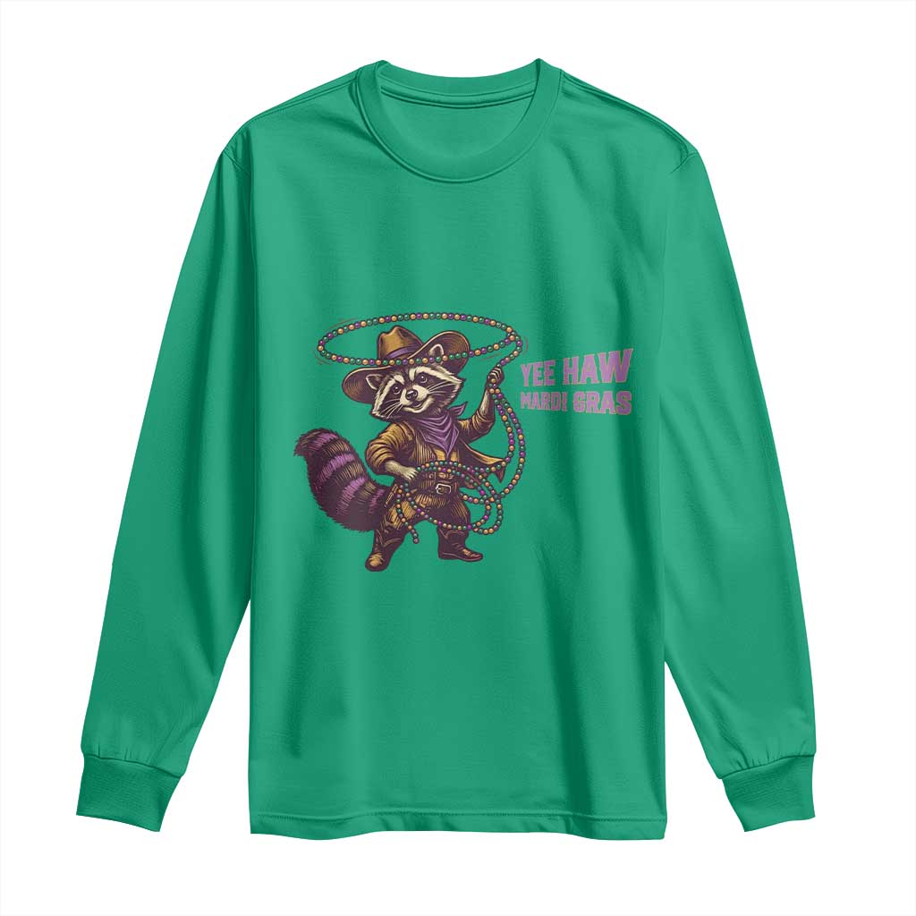 Mardi Gras Raccoon Long Sleeve Shirt Yee Haw Cowboy Mardi Gras Carnival Trendy Meme TS14 Irish Green Print Your Wear