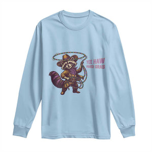 Mardi Gras Raccoon Long Sleeve Shirt Yee Haw Cowboy Mardi Gras Carnival Trendy Meme TS14 Light Blue Print Your Wear