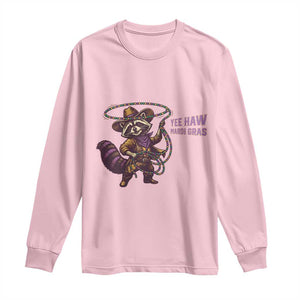 Mardi Gras Raccoon Long Sleeve Shirt Yee Haw Cowboy Mardi Gras Carnival Trendy Meme TS14 Light Pink Print Your Wear