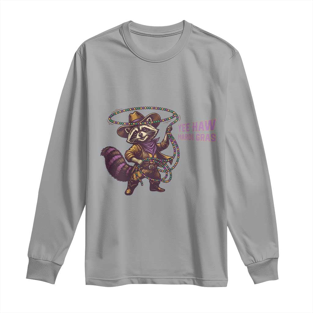 Mardi Gras Raccoon Long Sleeve Shirt Yee Haw Cowboy Mardi Gras Carnival Trendy Meme TS14 Sport Gray Print Your Wear