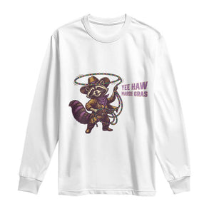 Mardi Gras Raccoon Long Sleeve Shirt Yee Haw Cowboy Mardi Gras Carnival Trendy Meme TS14 White Print Your Wear