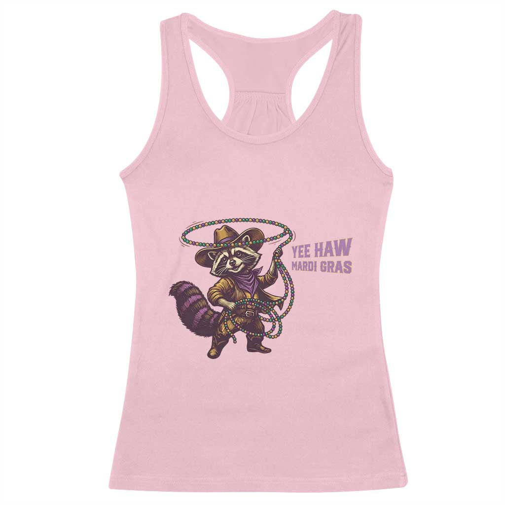 Mardi Gras Raccoon Racerback Tank Top Yee Haw Cowboy Mardi Gras Carnival Trendy Meme TS14 Light Pink Print Your Wear