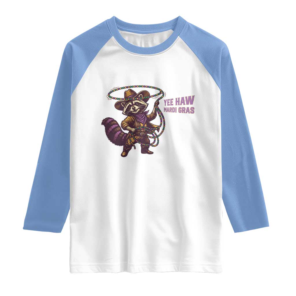 Mardi Gras Raccoon Raglan Shirt Yee Haw Cowboy Mardi Gras Carnival Trendy Meme TS14 White Carolina Blue Print Your Wear