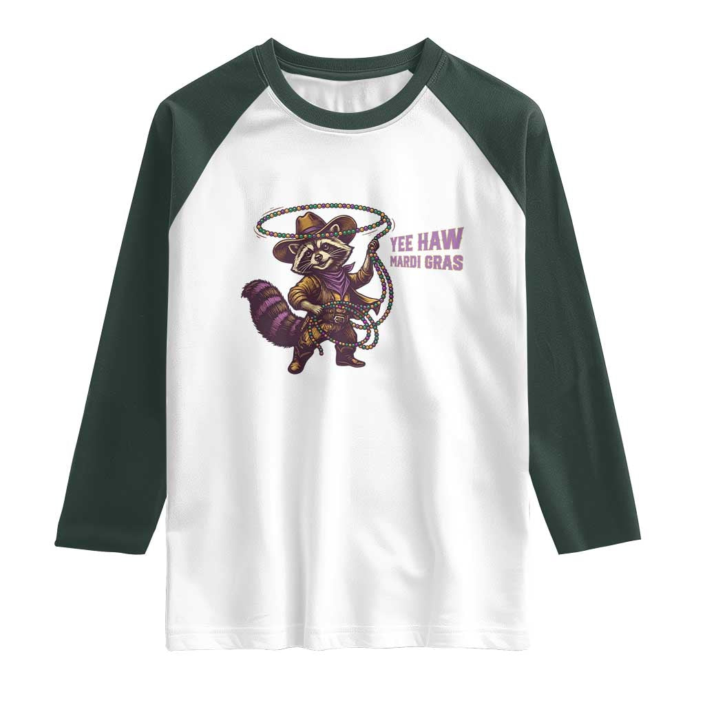 Mardi Gras Raccoon Raglan Shirt Yee Haw Cowboy Mardi Gras Carnival Trendy Meme TS14 White Dark Forest Green Print Your Wear