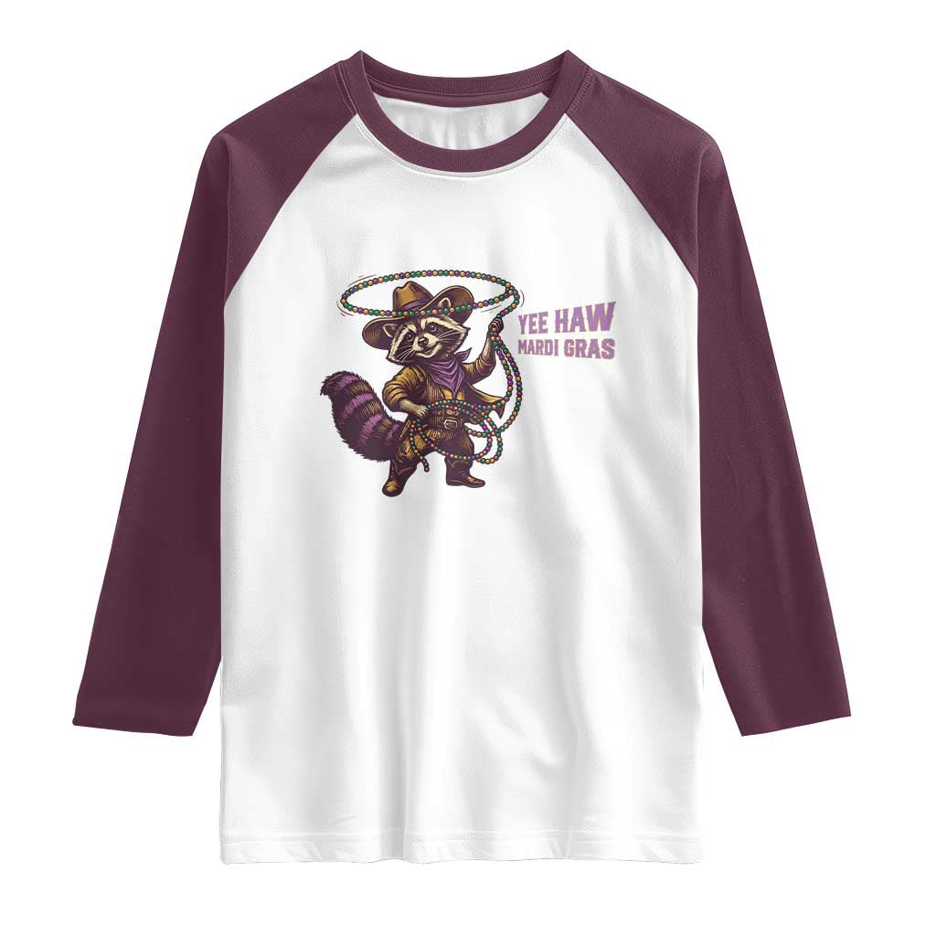 Mardi Gras Raccoon Raglan Shirt Yee Haw Cowboy Mardi Gras Carnival Trendy Meme TS14 White Maroon Print Your Wear