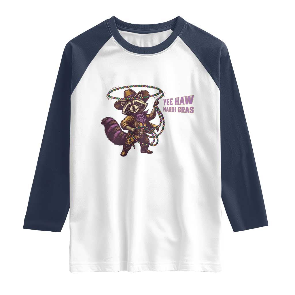 Mardi Gras Raccoon Raglan Shirt Yee Haw Cowboy Mardi Gras Carnival Trendy Meme TS14 White Navy Print Your Wear