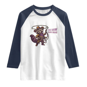 Mardi Gras Raccoon Raglan Shirt Yee Haw Cowboy Mardi Gras Carnival Trendy Meme TS14 White Navy Print Your Wear