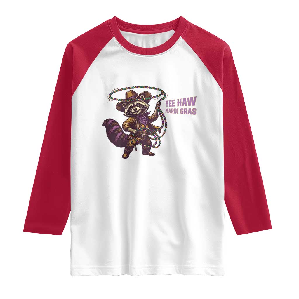 Mardi Gras Raccoon Raglan Shirt Yee Haw Cowboy Mardi Gras Carnival Trendy Meme TS14 White Red Print Your Wear