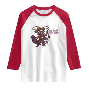 Mardi Gras Raccoon Raglan Shirt Yee Haw Cowboy Mardi Gras Carnival Trendy Meme TS14 White Red Print Your Wear