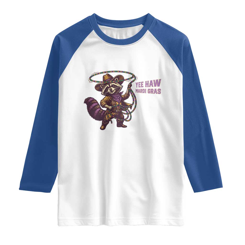 Mardi Gras Raccoon Raglan Shirt Yee Haw Cowboy Mardi Gras Carnival Trendy Meme TS14 White Royal Print Your Wear