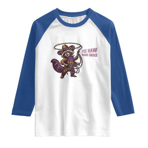 Mardi Gras Raccoon Raglan Shirt Yee Haw Cowboy Mardi Gras Carnival Trendy Meme TS14 White Royal Print Your Wear