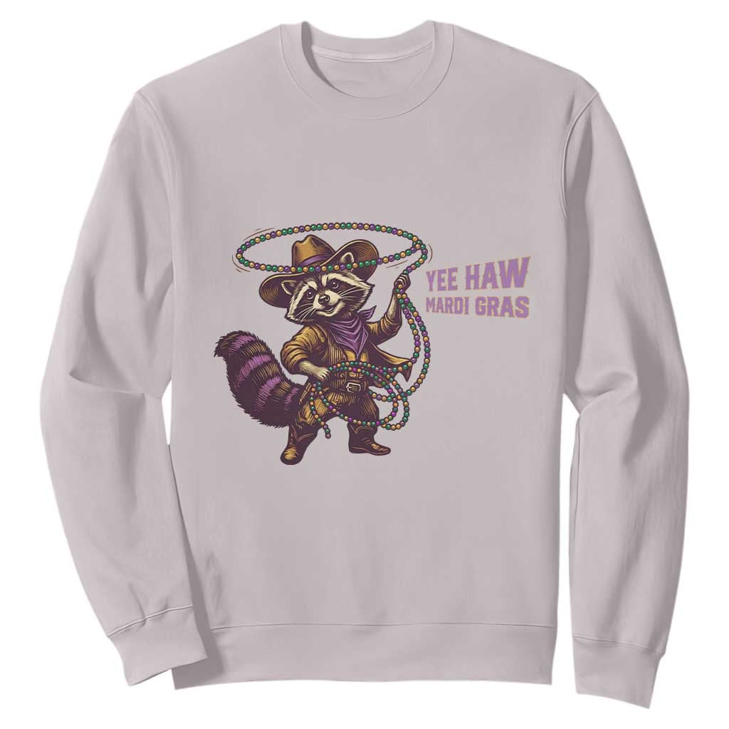 Mardi Gras Raccoon Sweatshirt Yee Haw Cowboy Mardi Gras Carnival Trendy Meme TS14 Ice Gray Print Your Wear