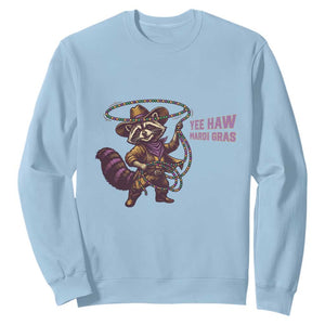 Mardi Gras Raccoon Sweatshirt Yee Haw Cowboy Mardi Gras Carnival Trendy Meme TS14 Light Blue Print Your Wear