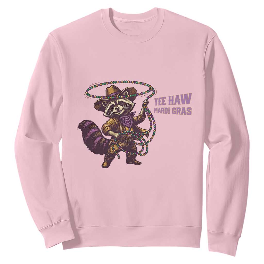 Mardi Gras Raccoon Sweatshirt Yee Haw Cowboy Mardi Gras Carnival Trendy Meme TS14 Light Pink Print Your Wear