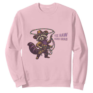 Mardi Gras Raccoon Sweatshirt Yee Haw Cowboy Mardi Gras Carnival Trendy Meme TS14 Light Pink Print Your Wear
