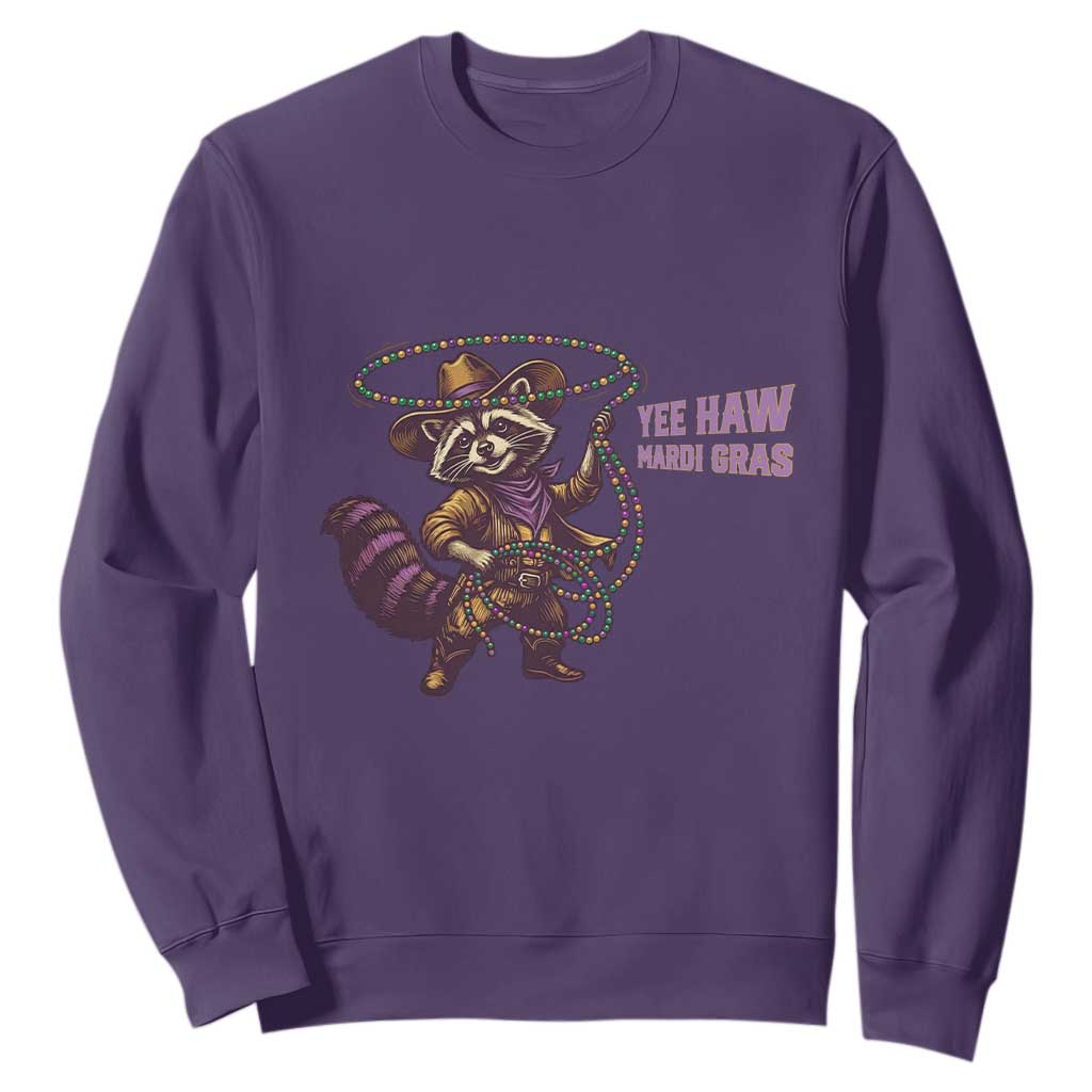 Mardi Gras Raccoon Sweatshirt Yee Haw Cowboy Mardi Gras Carnival Trendy Meme TS14 Purple Print Your Wear