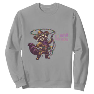 Mardi Gras Raccoon Sweatshirt Yee Haw Cowboy Mardi Gras Carnival Trendy Meme TS14 Sport Gray Print Your Wear